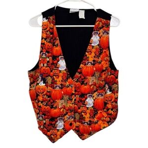 Vintage 90s Size Large Halloween Vest Basic Editions Teddy Bears Jack O Lantern